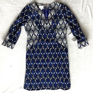 NEW $138 Donna Morgan Cobalt Blue Ivory Multi Print Sheath Dress Size 6